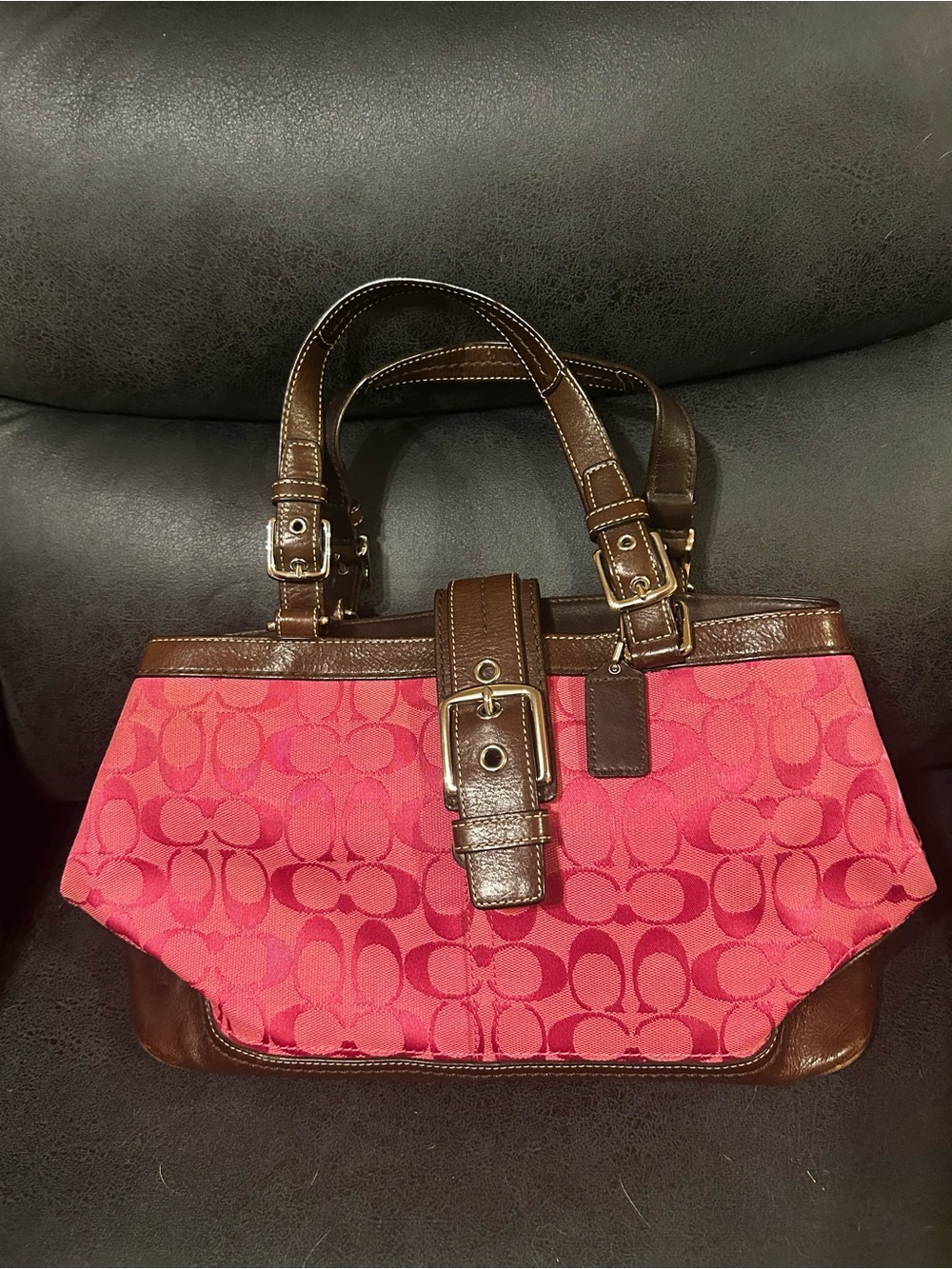 Coach Pink SoHo Signature Canvas Tote with Brown Leather Trim